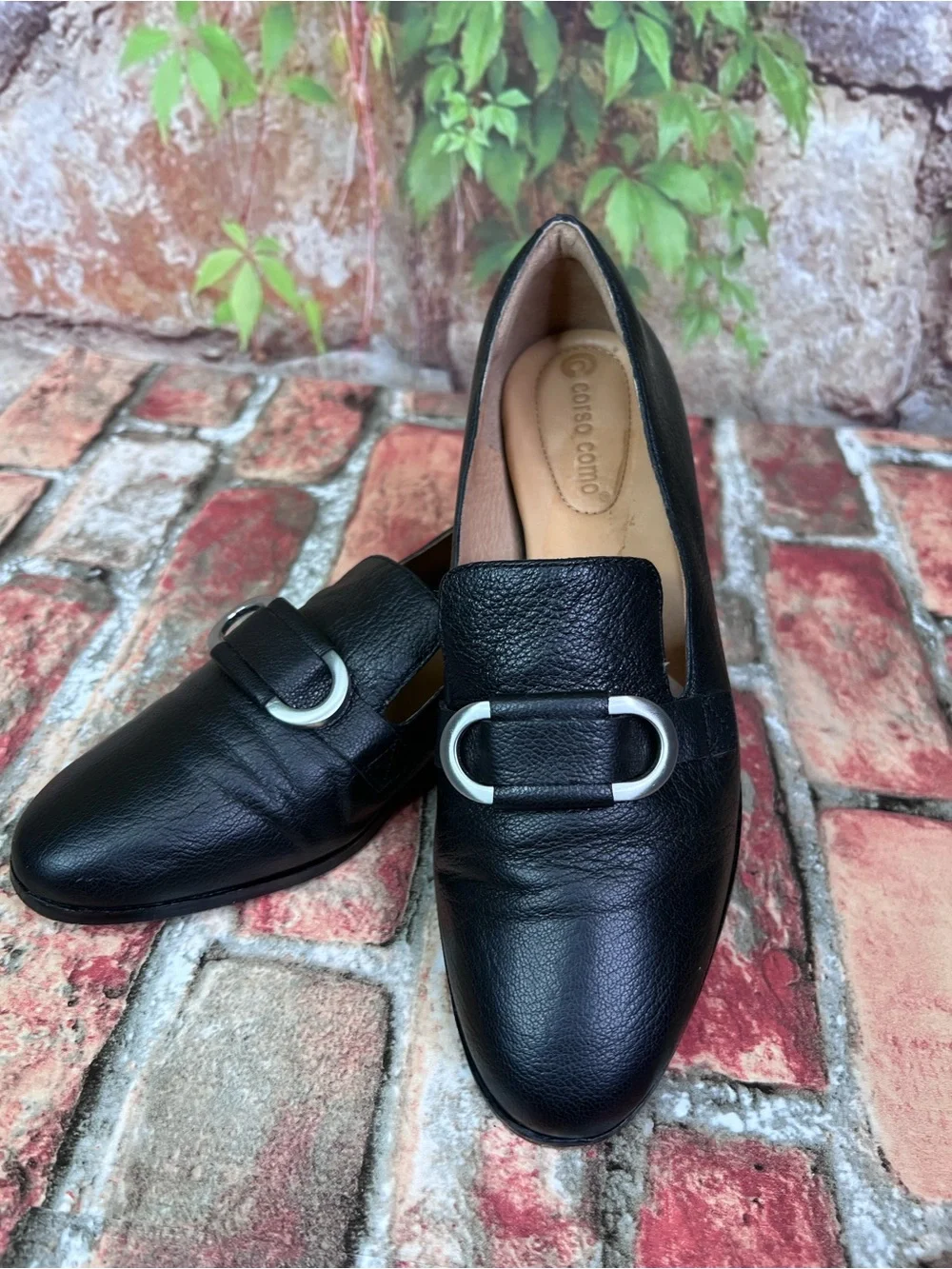 CORSO COMO Black Leather Quiet Luxury Minimalist Loafers with Silver Buckle, 7.5_5